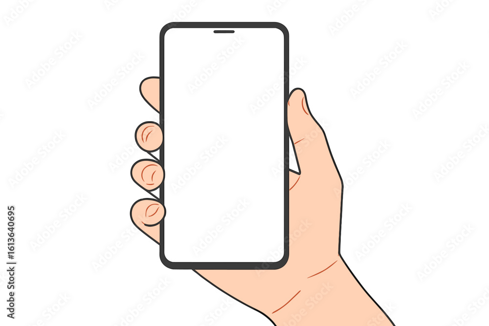 Poster hand holding smartphone with blank screen for mockup. mobile phone display template. vector illustra