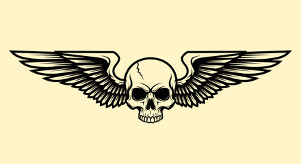 Winged Skull Graphic Symmetrical Wings Flanking a Cracked Skull with Dark Eyes.