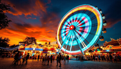 Colorful Ferris wheel spinning at twilight in a lively amusement park.
