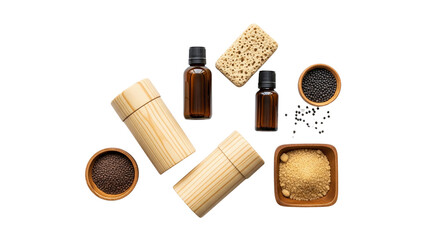 Wooden cosmetic containers amber glass bottles and bath products isolated on transparent background