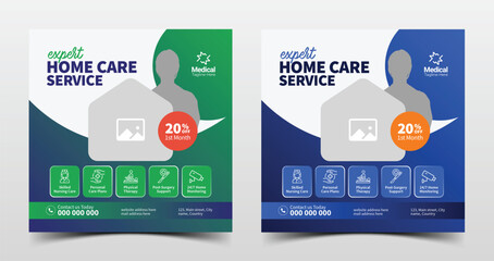 Professional healthcare post templates for social media, highlighting home care, nursing, and elderly treatment