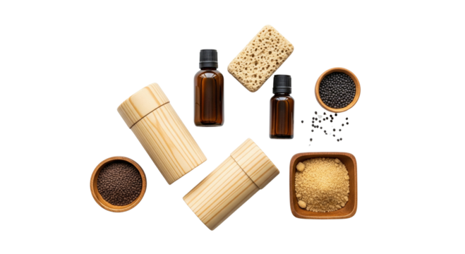 Wooden cosmetic containers amber glass bottles and bath products isolated on transparent background