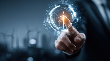 A businessman in a suit interacts with a digital interface displaying a wind turbine icon. The background features wind turbines and a city skyline.