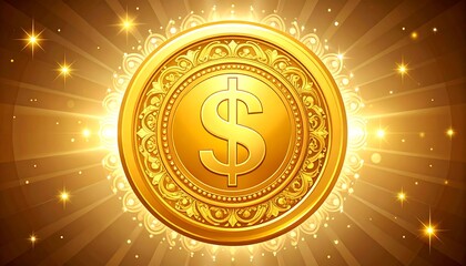 Ornate gold coin featuring a dollar sign, set against a radiant, sunburst background