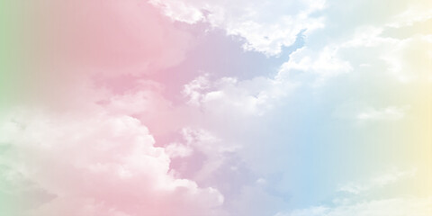 Multicolor storm clouds in the sky, Dramatic rain, Bright Flash shining light for design concept, panoramic view of clear blue sky and clouds, pastel multi color white fluffy clouds