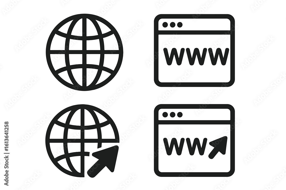 Poster website and internet browser line icon set. globe, www, address bar, and click cursor symbols. globa