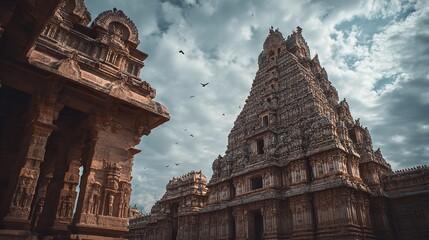 Magnificant Ancient Virupaksha Temple Hampi With Birds Soaring in the Dramatic Cloudy Sky