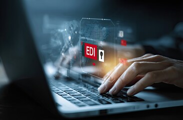 Close-up of hands typing on a laptop with a digital EDI overlay