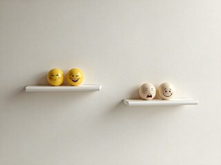 Glossy ceramic emoticons displayed on floating shelves in a minimalist interior