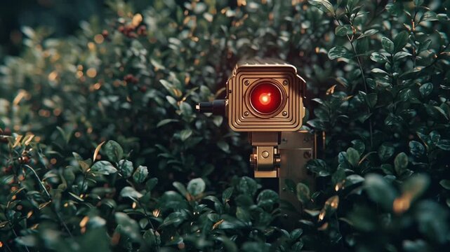A retro 1960s spy yard surveillance camera hidden dense green hedges, brass chrome sunlight. Leaves wind brushes past. Lens zooms out, red blinking Moody, aesthetic, Cold War era mysterious cinematic