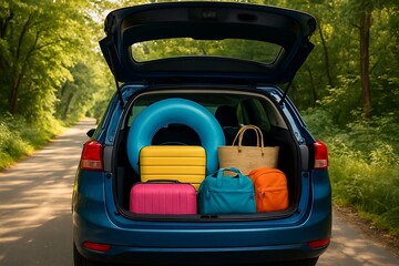 Car packed for summer vacation road trip with luggage and inflatable ready for travel adventure getaway 100