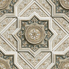 Ornate, repeating ceiling pattern in cream, beige, and gray.  Intricate, carved floral and geometric design