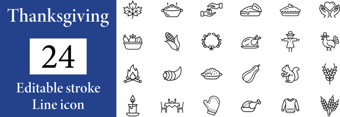 Collection of 24 Festive thanksgiving dinner icon featuring a turkey and autumn elements isolated on transparent background