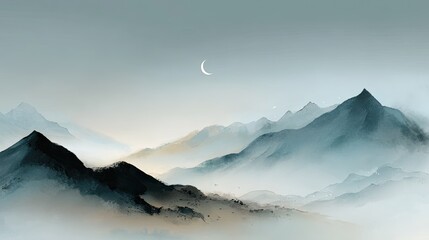 Misty mountainscape with crescent moon