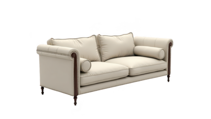 Elegant light beige sofa with dark brown trim.