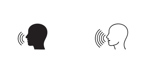 Black and white silhouette of a speaking head with sound waves talking voice
