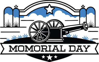 Memorial Day Cannon Silhouette with Stars Clouds and Blue Sky Illustration
