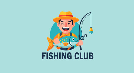 Cartoon Fisherman with Yellow Hat Holding a Fish and Fishing Rod.