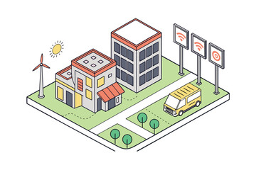 Isometric Illustration of a Modern City Block with Smart City Features
