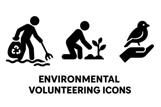 Environmental Volunteering Icons Set with Solid Filled Design Including Beach Cleanup, Tree Planting, Wildlife Conservation, Eco Activism, Sustainable Actions Vector Illustration
