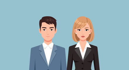 Cartoon illustration of a man and woman in business attire side by side.