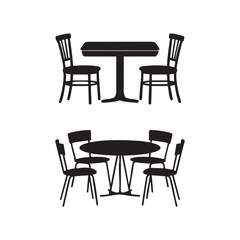 Black and white silhouette of dining tables with chairs furniture