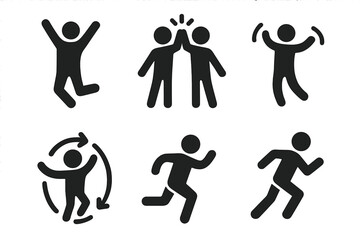 Active people icon set. Solid glyph pictograms of figures running, jumping in celebration, teamwork high five. Energetic human movement and success vector symbols.