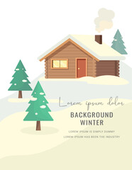 Vertical winter background with wooden cabin, snow-covered trees, and editable text area. Flat vector illustration for seasonal banners, greeting cards, posters, and social media.