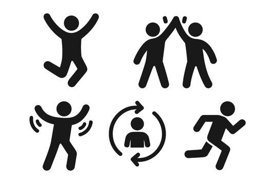 Energetic people icon set. Vector pictograms of action and movement. Man jumping for joy, high five for teamwork, running for fitness, and workflow cycle icon. Solid glyph.