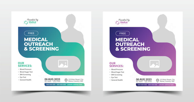 Creative and simple medical social media post templates for business marketing, screening, outreach, and health camp promotion