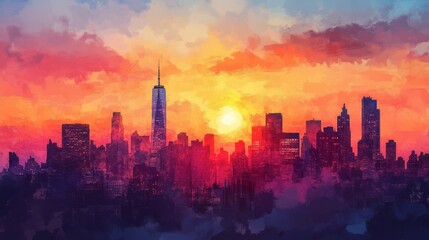 Vibrant cityscape at sunset with numerous buildings