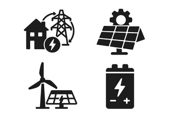 Energy management solid glyph icon set. Smart grid, solar panel, wind turbine vector symbols. Renewable power concept with battery storage, sustainable electricity icons.