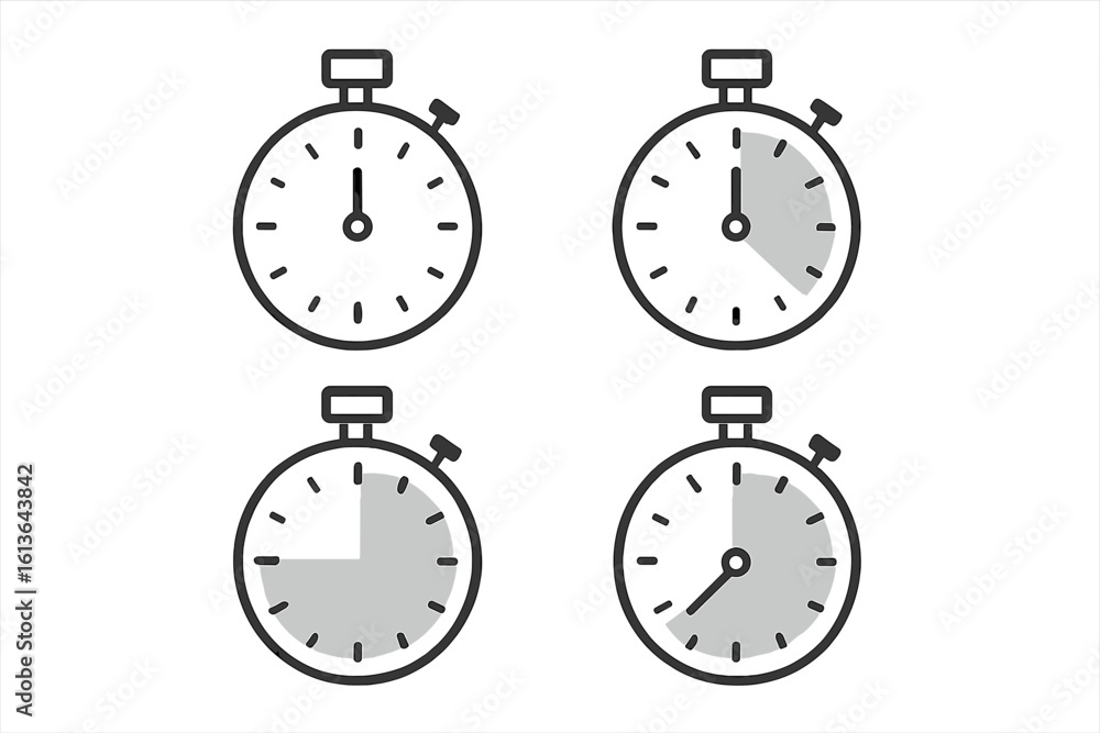 Poster stopwatch timer icon set. flat collection of clock vector icons for countdown and time management. s