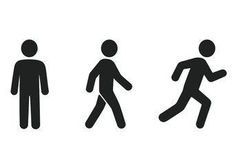Man stand, walk, run icon set. Action sequence of person standing, walking, running. Human movement and activity pictogram symbol. Progress concept. Man silhouette vector.