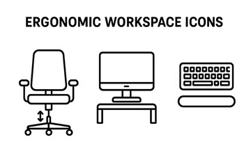 Ergonomic workspace icons for correct posture and a healthy office setup. Line icon collection of adjustable chair, monitor stand, keyboard wrist rest. Ergonomics vector.
