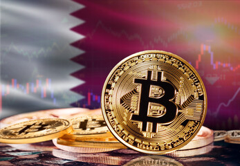 Bitcoin with Qatar flag in the background. Investors in cryptocurrency and Blockchain Technology in Qatar, Concept