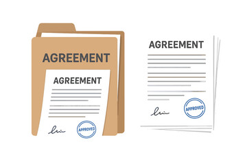 Agreement document with signature and approved stamp in folder. Contract papers stack. Business deal, legal partnership, and corporate paperwork concept. Vector icon set.