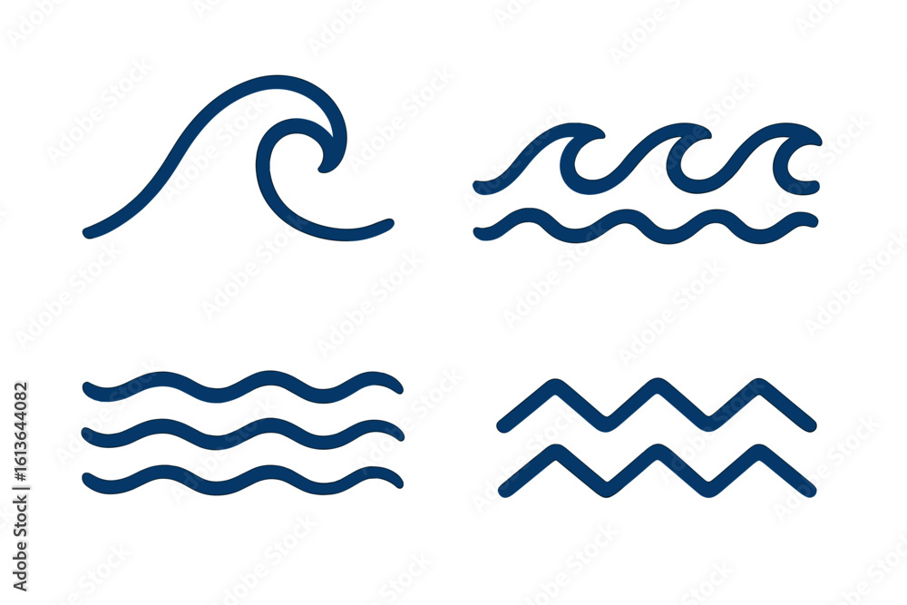 Poster sea wave symbols set and ocean line icons collection. minimalist wavy zigzag lines and abstract flui