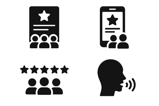 Feedback and review solid icon set. Customer satisfaction survey, mobile app rating, audience testimonial, and quality score. Vector glyph icons for user experience.