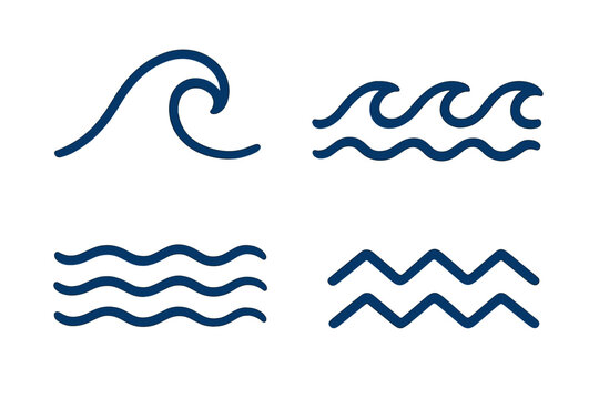 Sea wave symbols set and ocean line icons collection. Minimalist wavy zigzag lines and abstract fluid shapes. Vector graphic design elements for logo, pattern or nautical theme.