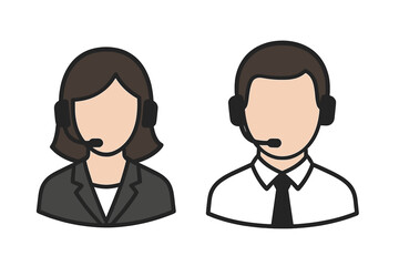 Vector icons of call center operators, man and woman with headsets. Customer service agent avatars for telemarketing or online support. Faceless business people.