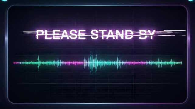 Please Stand By Glitch - Please Stand By Signal with Audio Waveform Visualization on a Dark Futuristic Background