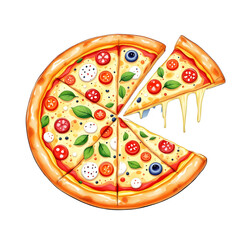 A watercolor pizza with tomatoes basil mozzarella and a slice being pulled with cheese dripping down