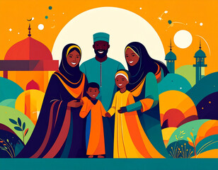 Vibrant family scene in front of mosque with crescent moon, stars, and abstract background. Traditional attire and festive colors highlight culture, spirituality, and togetherness