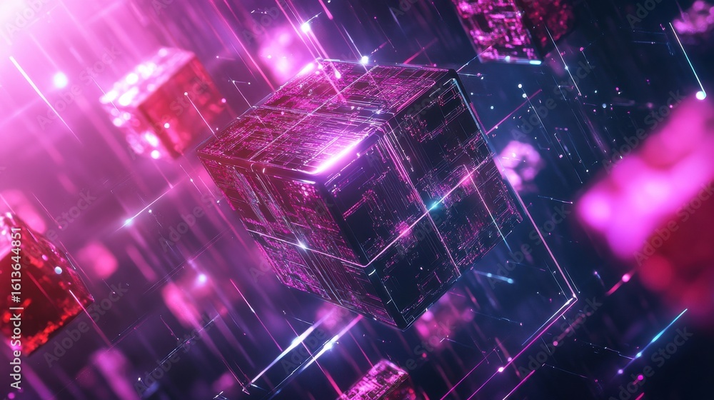 Poster glowing translucent cubes floating in abstract digital space