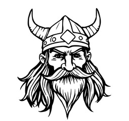 Fototapeta premium Fierce Viking Warrior: Intense Close-up Portrait, Black and White Line Art Illustration