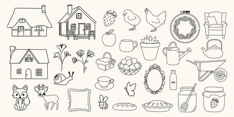 Hand drawn cottage core illustrations. Cute countryside aesthetic doodle icons. Vector line art.