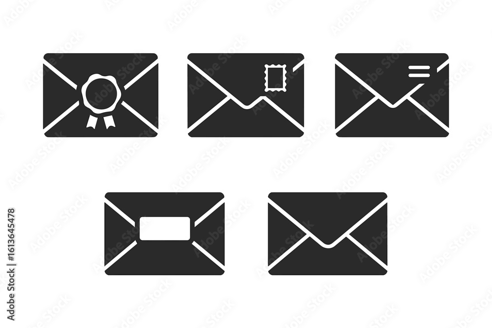 Poster envelope icon set of solid filled glyphs. mail and correspondence symbols. vector elements include w