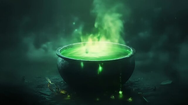 Mysterious green potion bubbling in a dark, enchanted forest setting