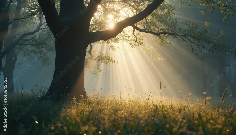 Poster sunlight filtering through trees in mystical forest at morning